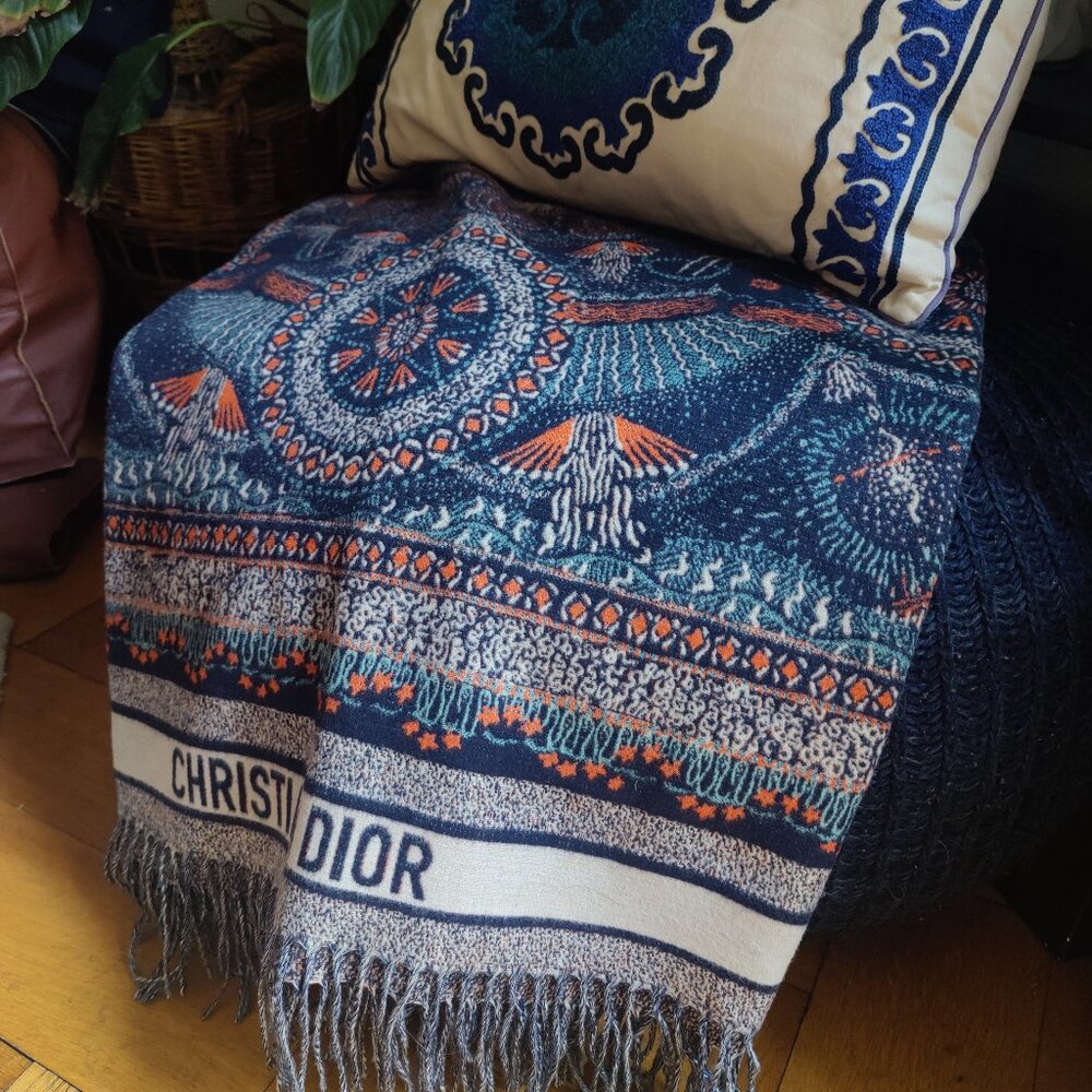 Christian Dior Abstract Navy Orange Teal Ecru Throw Cruise Blanket Wool Italy 76